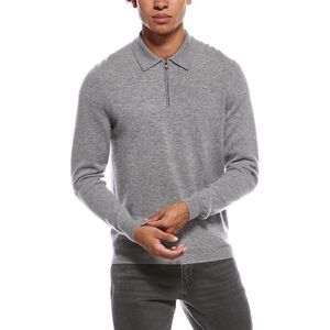 Amicale Cashmere Mens  1/4-Zip Cashmere Polo Sweater, Gray